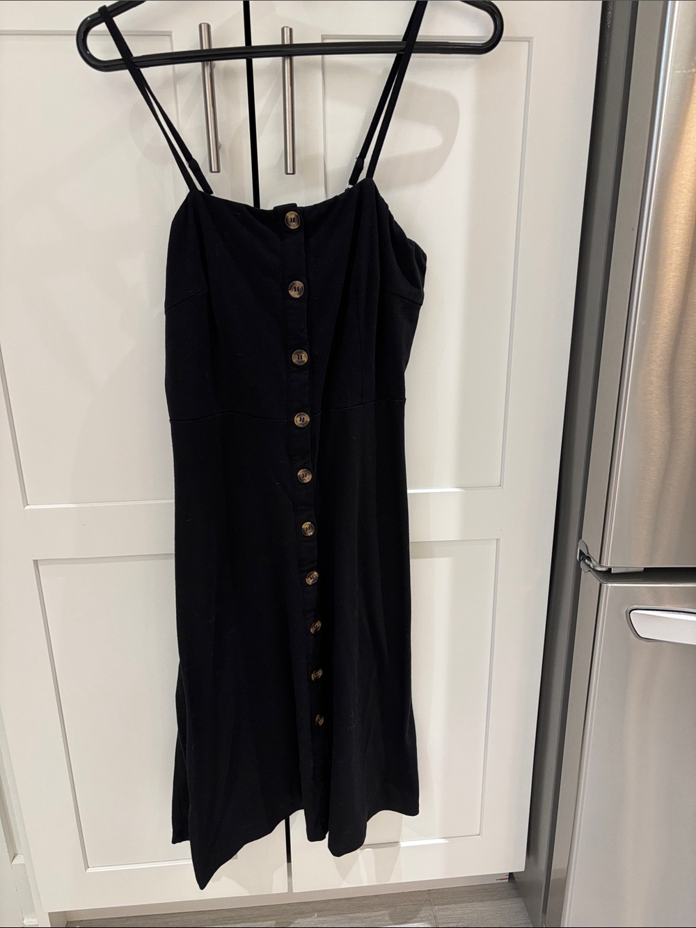 Classic Black Button-Front Spaghetti Strap Dress